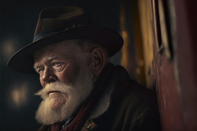 A man with a white beard and a hat stands in front of a door.