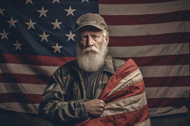 A man with a white beard and a red flag in front of him