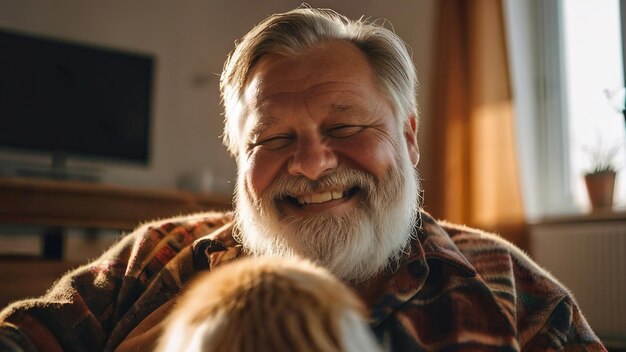 A man with a white beard and a smile is sitting on a couch