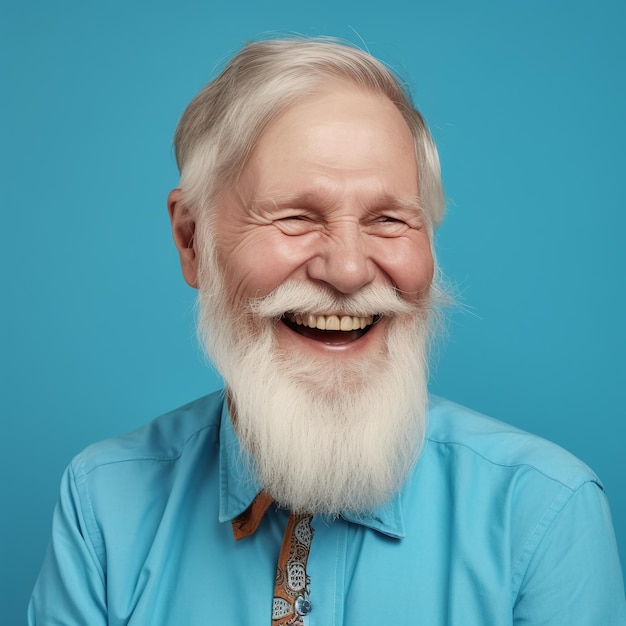 A man with a white beard smiles against a blue wall