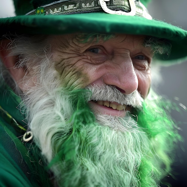 man with a white beard wearing a green hat for the St Patricks Day parade in New York City