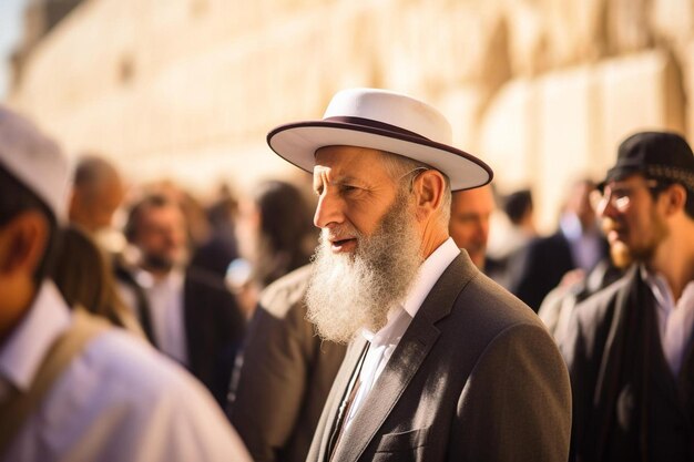 Photo a man with a white beard and a white hat stands in front of a crowd of people