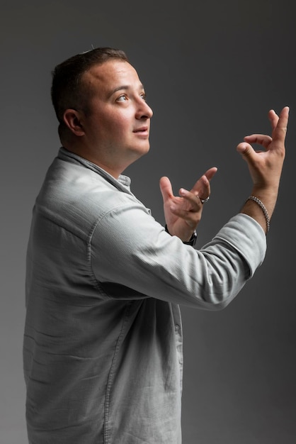 a man with a white full hand shirt open button with white shirt posing in a different emotions in a