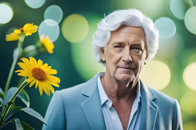 a man with white hair and a blue suit and a yellow flower