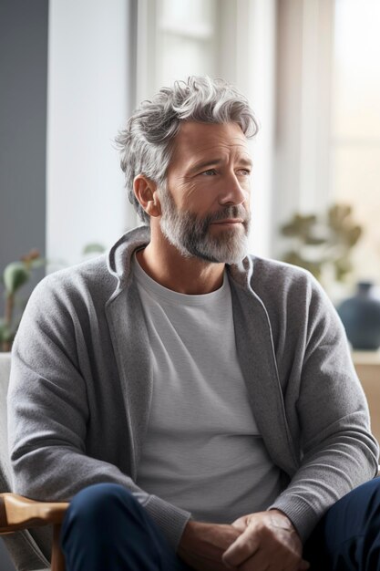 Photo man with white hair rests depressed he sits thoughtfully looking to the right the melancholic male alone at home with a lost gaze concept of mental health and soul care