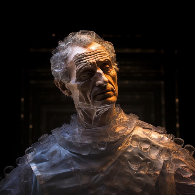 a man with white hair and a silver mask on it