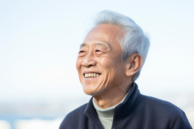 a man with a white hair smiling and looking away