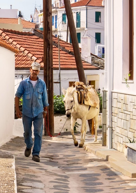 Man with a white horse with a saddle walk through the narrow streets in island Skopelos in Greece