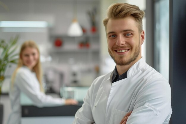 Photo a man with a white lab coat and a woman in the background