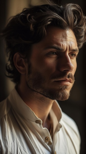 A man with a white shirt and black hair looks into the camera.