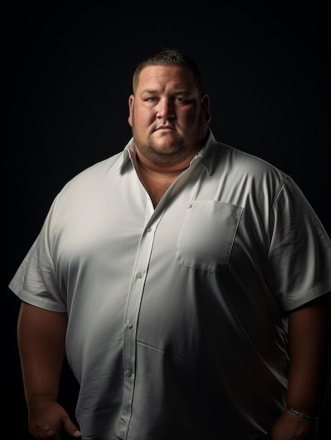 Photo a man with a white shirt that says  he is standing in front of a black background