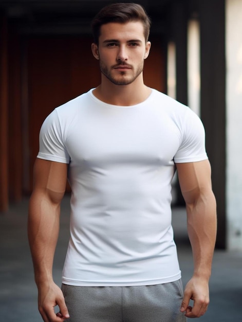 Мужчина в белой рубашке, на которой написано "мужское тело".