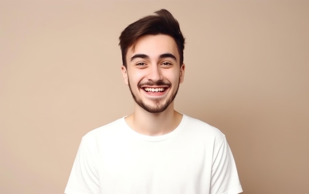 A man with a white t - shirt smiles and smiles.