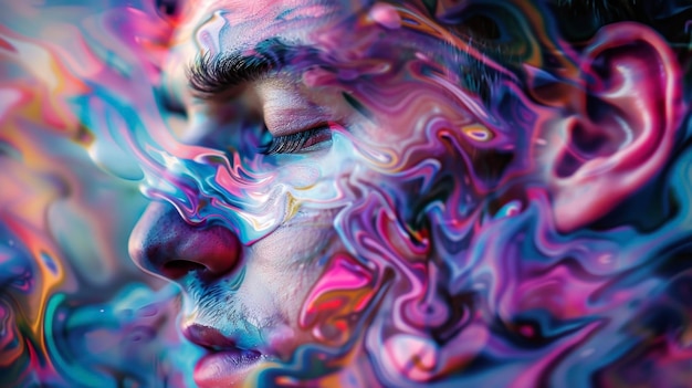 A man with wild swirling colors and shapes adorning his clothing blurring the boundaries between