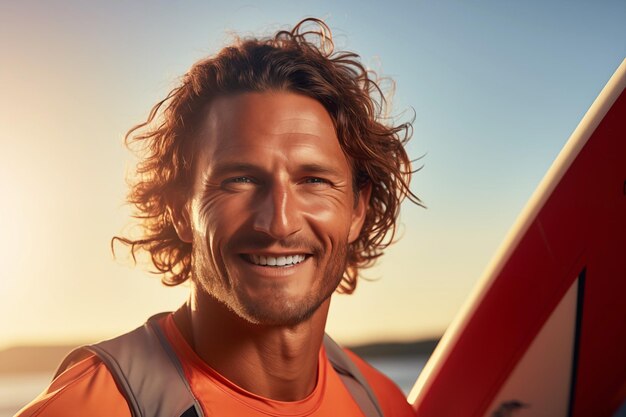 Man with a Windsurfing Board on a Beach Background