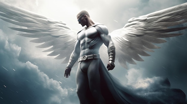 A man with wings on his back stands in the clouds.