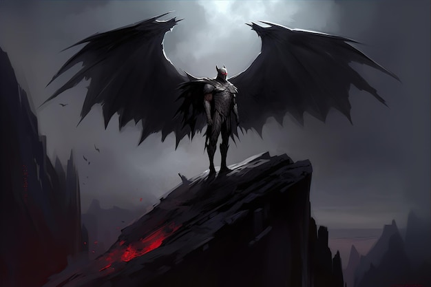 A man with wings on his chest stands on a cliff.