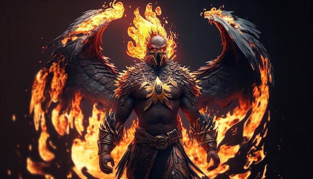 A man with wings and wings stands in flames.