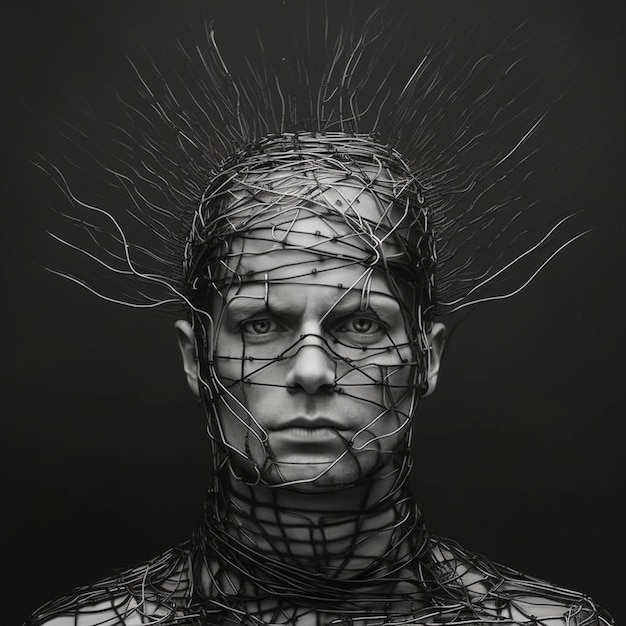 A man with a wire head and a head that has a lot of wires on it.