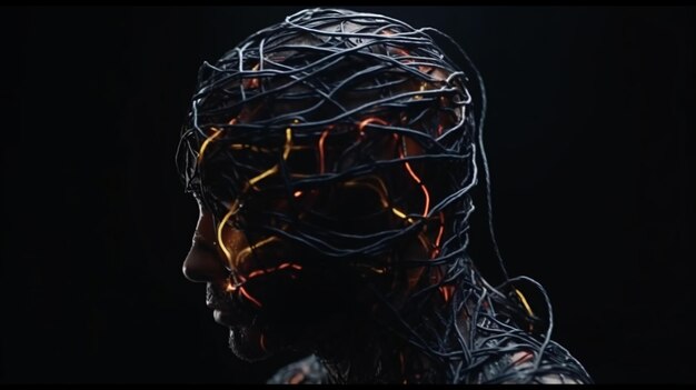 A man with wires wrapped around his head