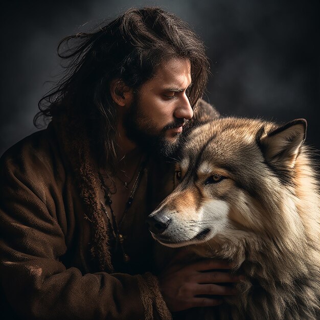 A man with a wolf