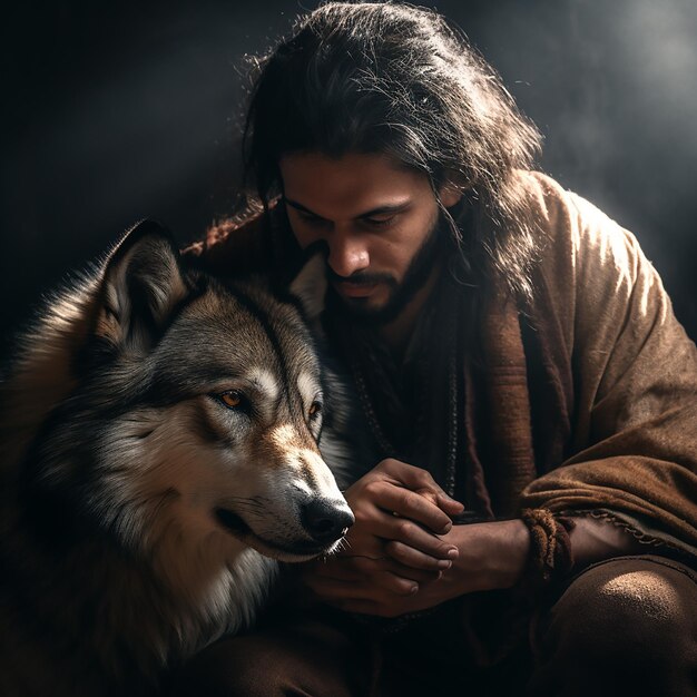 A man with a wolf