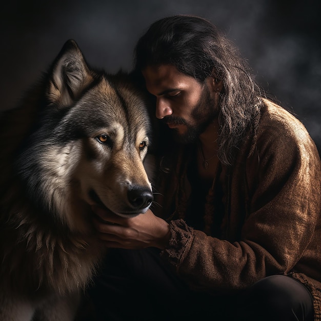 A man with a wolf