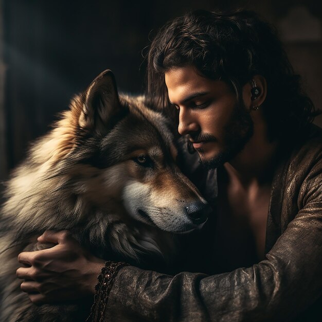 A man with a wolf