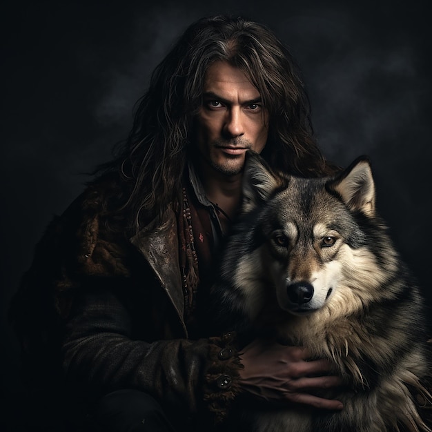 A man with a wolf