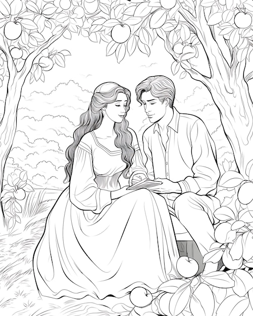 Man with Woman Sitting in an Apple Orchard