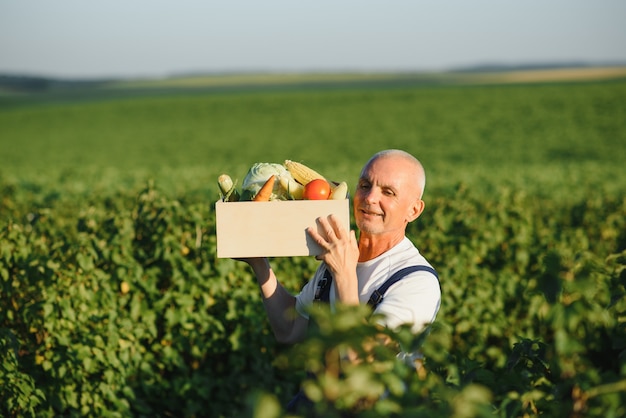 Photo man with wooden box of vegetables in field