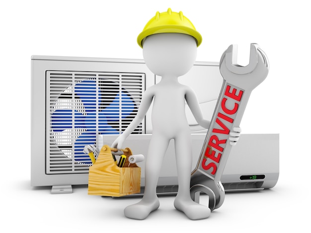 Man with a wrench on the background of the air conditioner.