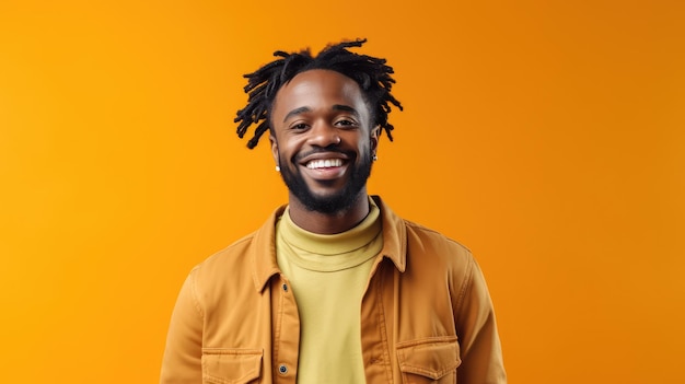 A man with a yellow shirt and black dreadlocks smiles in front of a yellow background.