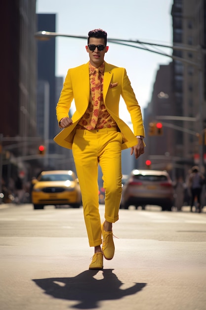 man with yellow suit walk joyful