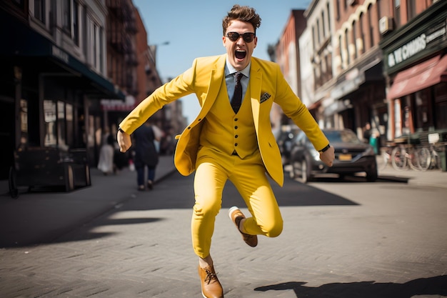 man with yellow suit walk joyful