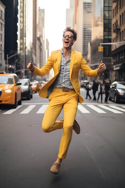 man with yellow suit walk joyful