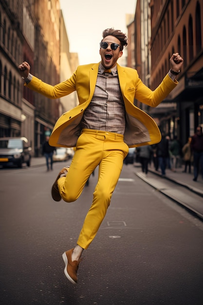 man with yellow suit walk joyful