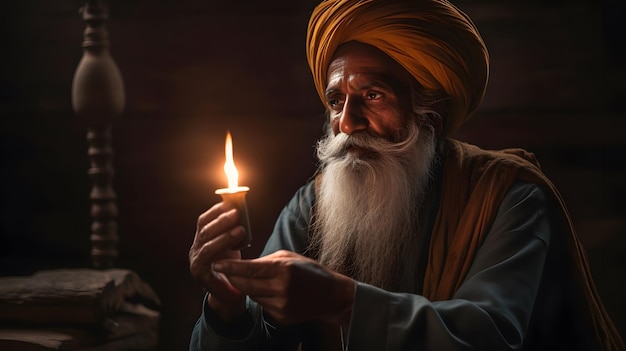 A man with a yellow turban holds a candle in his hands.