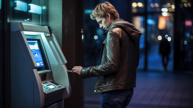 Фото Человек снимает деньги в банкомате в городе, созданном с помощью генеративной технологии искусственного интеллекта.