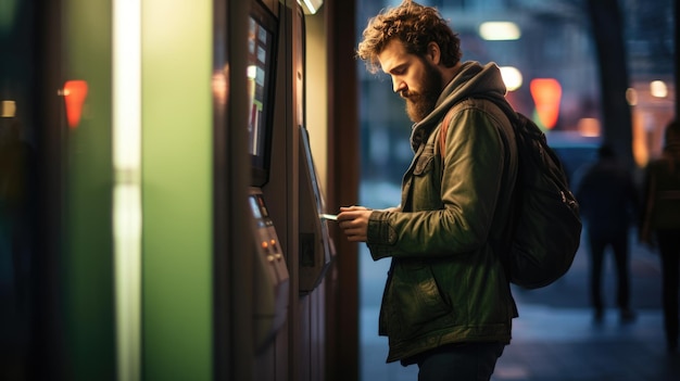 남자가 도시에서 ATM을 사용하여 돈을 인출합니다. 생성 인공지능 기술로 만들어졌습니다.