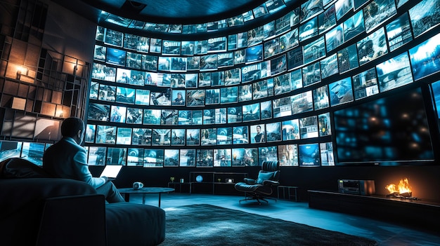 man within a space with hundreds of monitors switched on