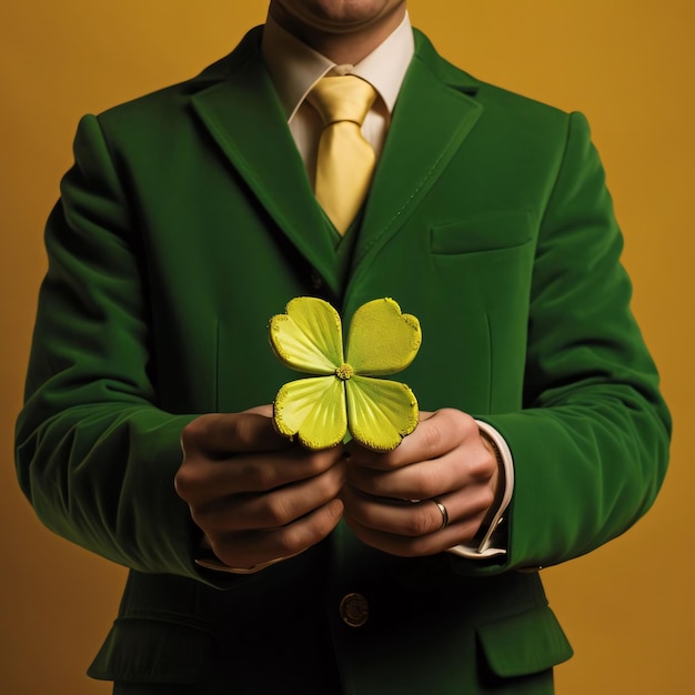 A man without a head or having in his hands a fourleaf large clover green suit dark backgroundGreen color symbol of St Patricks Day