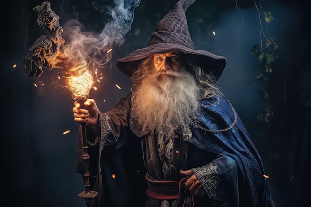 A man in a wizard costume conjuring dark forces with a magic wand