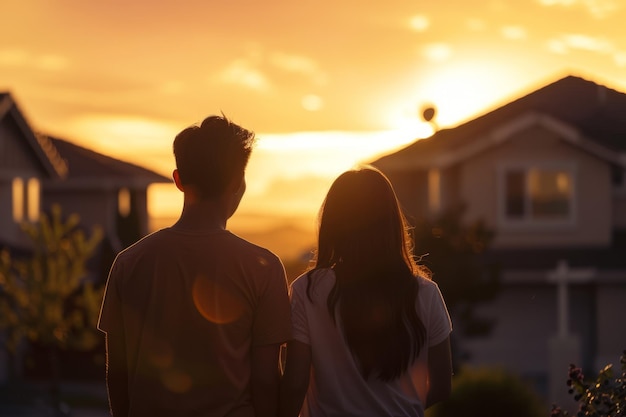 Мужчина и женщина восхищаются закатом солнца