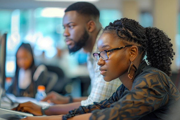 사무실에서 컴퓨터에 앉아있는 아프리카계 미국인 남녀 팀 작업 작업 문제 해결