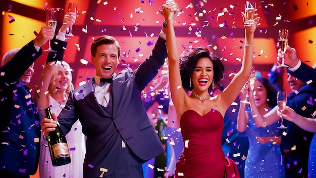 a man and woman are celebrating with confetti in the background