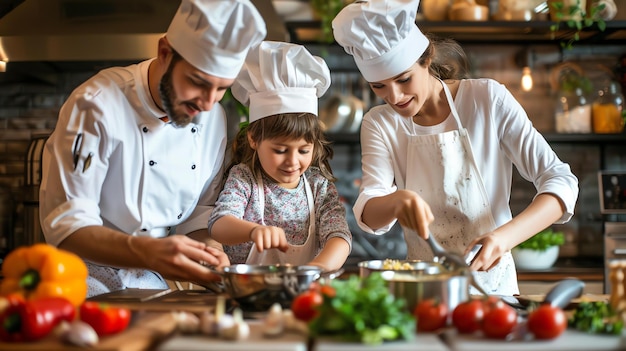 Foto un uomo e una donna stanno cucinando con un bambino