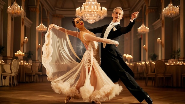 Photo a man and woman are dancing in a ballroom