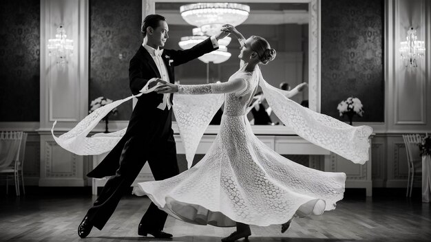 a man and woman are dancing in a dance studio