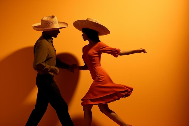 Photo a man and a woman are dancing in front of a wall that has a man in a red dress and hat on it